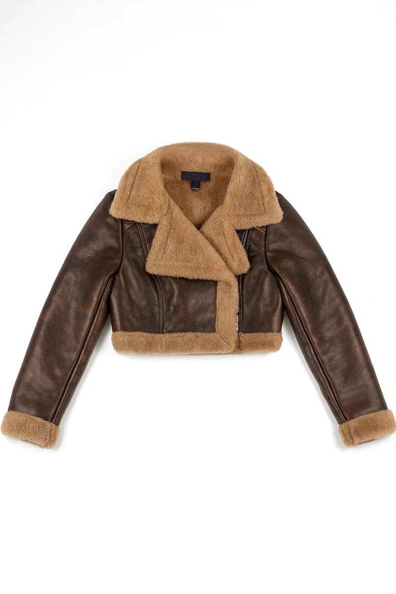 Cropped Faux Leather & Shearling Moto Jacket - Image 10
