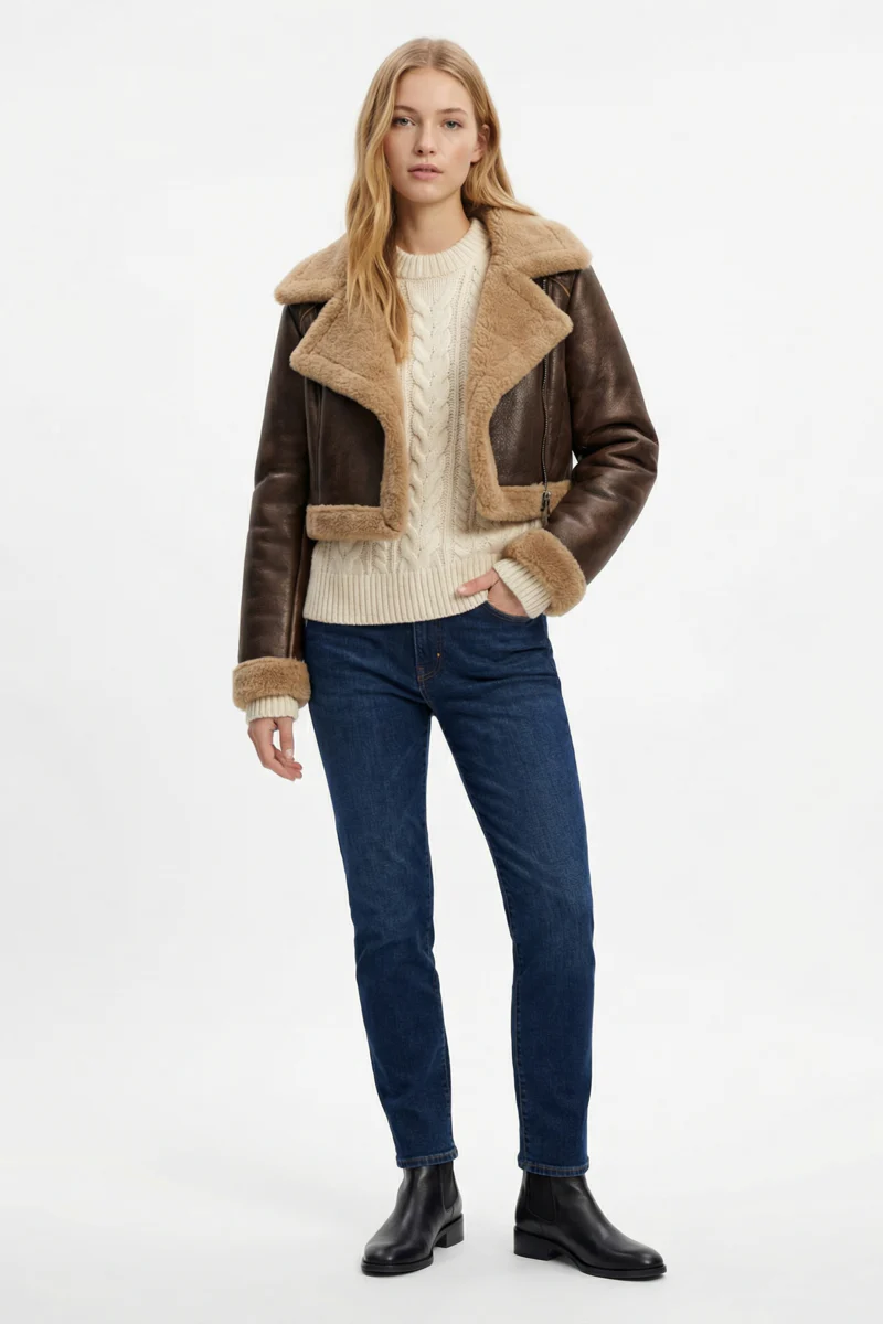 Cropped Faux Leather & Shearling Moto Jacket - Image 12