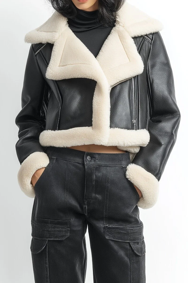 Cropped Faux Leather & Shearling Moto Jacket - Image 3