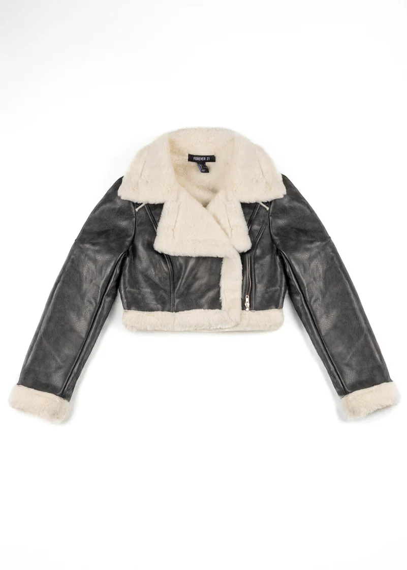Cropped Faux Leather & Shearling Moto Jacket - Image 4