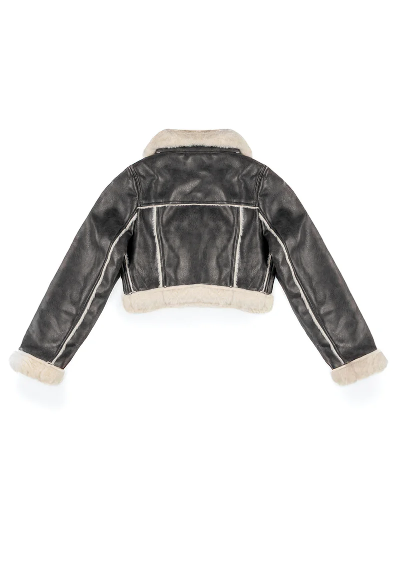 Cropped Faux Leather & Shearling Moto Jacket - Image 6