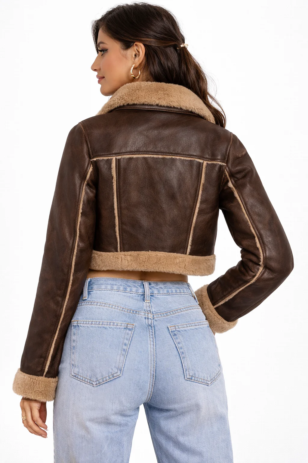 Cropped Faux Leather & Shearling Moto Jacket - Image 8