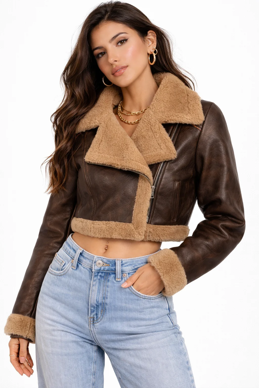 Cropped Faux Leather & Shearling Moto Jacket - Image 9